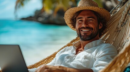 A joyful man in a straw hat lounges in a hammock with a laptop by the sea, exuding productivity and relaxation. Tropical getaway concept.