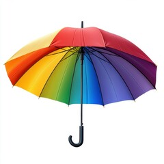 Vibrant Rainbow Umbrella Showcasing Colorful Layers of Fabric Against a Pure White Background for Joyful and Artistic Imagery