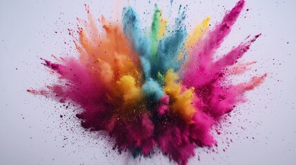 Vibrant explosion of colorful powders creating a stunning visual effect against a white backdrop