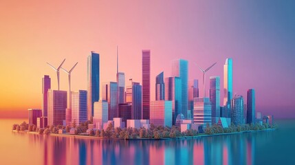 Net-zero strategy roadmap flat design front view future cities theme 3D render Complementary Color Scheme.