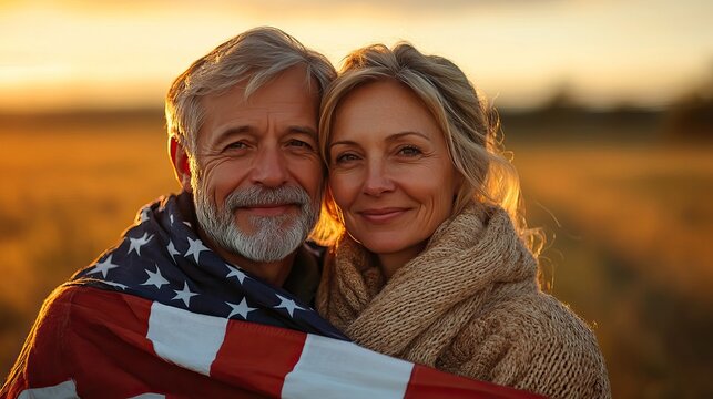 A joyful senior couple wrapped in the American flag, smiling warmly in a sunny countryside field at sunset, captures love, patriotism, and the beauty of aging.