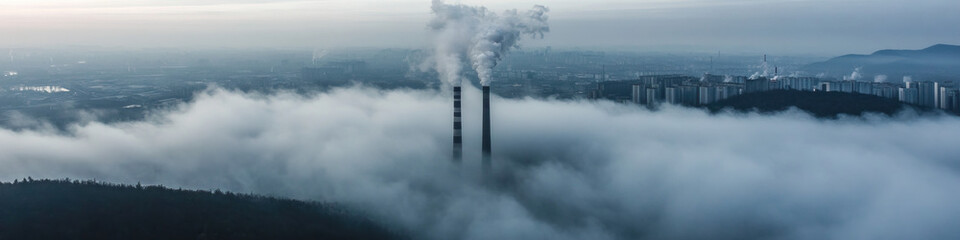 Obraz premium Industrial Smokestacks and Cityscape Partially Obscured by Fog