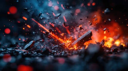 Fiery charcoal explosion, dark background, energy