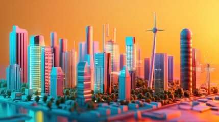 Net-zero strategy roadmap flat design front view future cities theme 3D render Complementary Color Scheme.