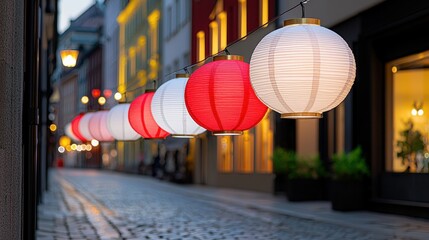 Red and white paper lanterns illuminate a cobblestone street