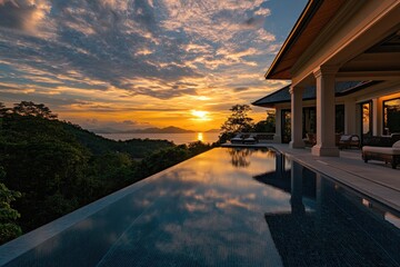 Sunset against the backdrop of a suspended swimming pool