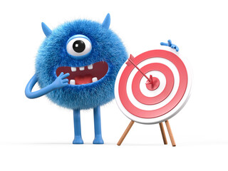 Fluffy, cute monster with a target, symbolizing goals or achievements. 3D rendering, conceptual image. Isolated on white background.