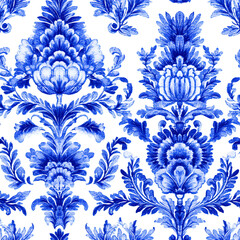 Obraz premium Elegant Blue And White Damask Floral Pattern