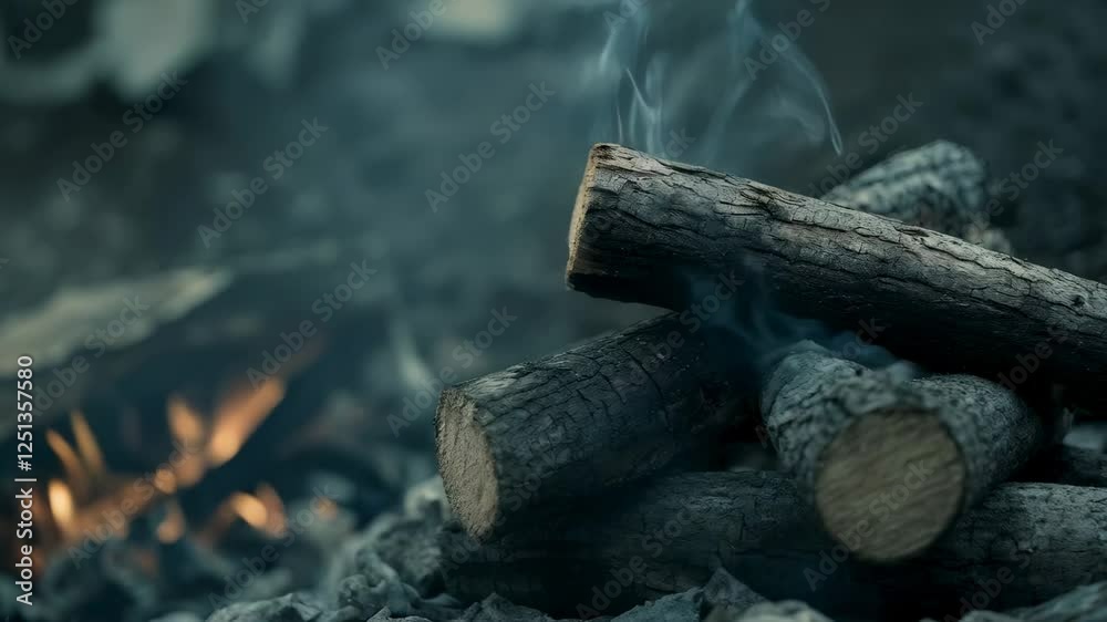 Poster logs burning slowly in a fire pit, transforming into glowing embers and fine ashes, creating a warm 