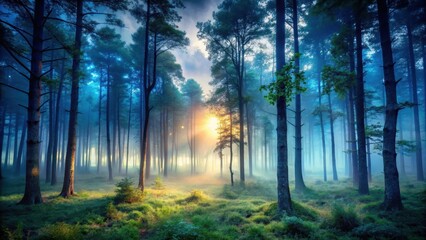 Fototapeta premium Moody forest at dusk with misty atmosphere and faint moonlight filtering through the trees, nature, trees, nature, trees