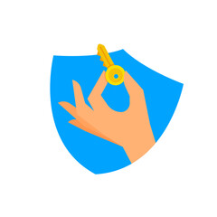 Flat illustration of a shield with a hand finger holding a key, symbolizing Full Control over account security. Perfect for cybersecurity, data protection, and online privacy concepts