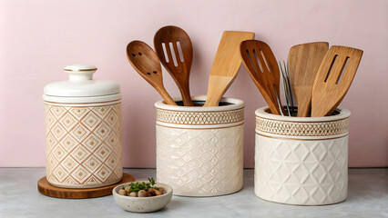 Kitchen utensils on table against color wall, closeup