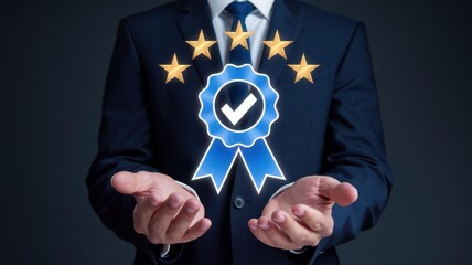 Businessman Presenting a Five-Star Quality Award: Excellence and Achievement