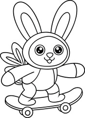 Fototapeta premium Adorable Bunny Rabbit Skateboarding Cartoon Coloring Page Design