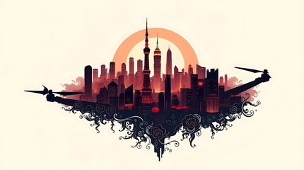 Obraz premium Silhouette cityscape at sunset, floral base.