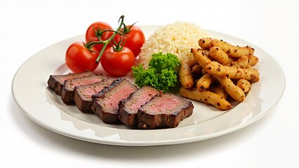 Delicious Sliced Steak Dinner with Rice, Breadsticks, and Tomatoes
