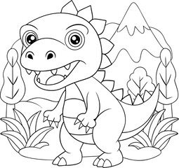 Adorable Cartoon Baby Dinosaur Coloring Page Mountain Landscape