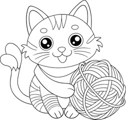Adorable Kitten Coloring Page Playful Cat with Yarn Ball