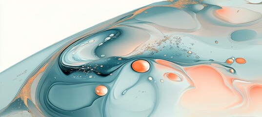 Abstract Teal and Orange Fluid Art Background, Organic Forms with Gold Details, 4K Wallpaper Design
