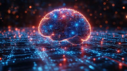 Glowing brain circuit, digital network background, AI concept, tech illustration