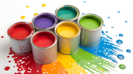 Paint cans and paint splashes isolated on a white background.