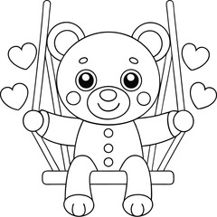 Adorable Teddy Bear Swinging, Hearts, Cute, Coloring Page, Childrens Illustration