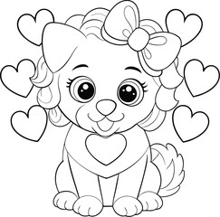 Adorable Puppy Coloring Page Hearts, Bow, Valentines Day