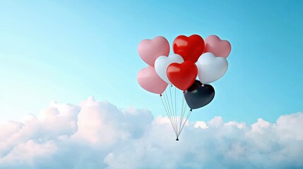 Fototapeta premium Heart shaped balloons float above fluffy clouds in a blue sky