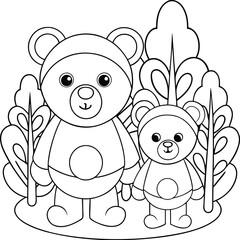 Adorable Cartoon Bears Coloring Page Mama Bear, Baby Bear, Forest