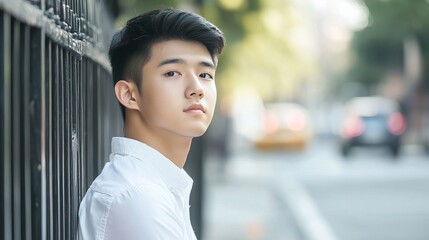 Asian Male High School Student with Short Hair, White and Light Purple Attire, Leaning on Fence, Profile View, Delicate Features, Gentle Gaze, Soft Tones, Blurred City Streets