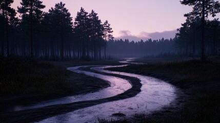 Obraz premium Serpentine creek path through misty forest at dawn