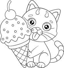 Adorable Kitten with Ice Cream Cone, Coloring Page, Sweet Treat