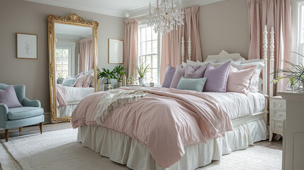 Fototapeta premium Pink bedroom interior with elegant bed, chandelier, large mirror, and plants