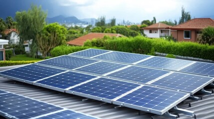 Solar Panels on Rooftop with Green Landscape and Cloudy Sky