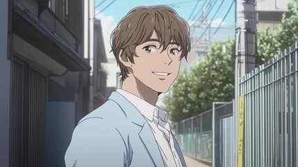 Asian Male High School Student with Short Hair, White and Light Purple Attire, Leaning on Fence, Profile View, Delicate Features, Gentle Gaze, Soft Tones, Blurred City Streets