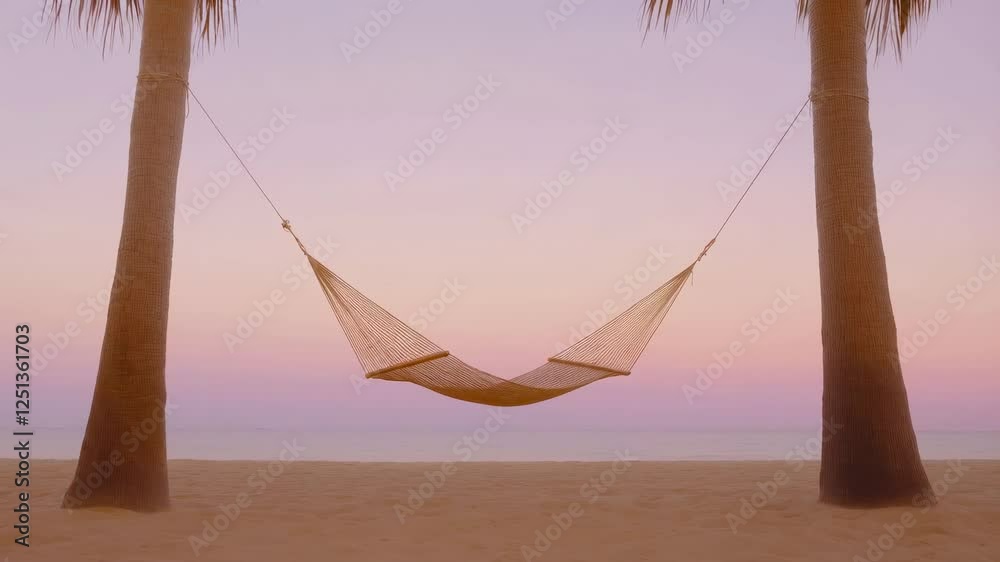 Poster peaceful hammock gently swaying between lush palm trees, casting soft shadows on pristine sandy beac