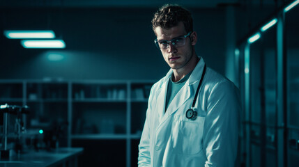 Man wearing lab coat and glasses standing in laboratory environment with scientific equipment