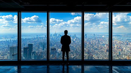 Fototapeta premium Man looking at cityscape from office window on high floor, with clouds on skyline