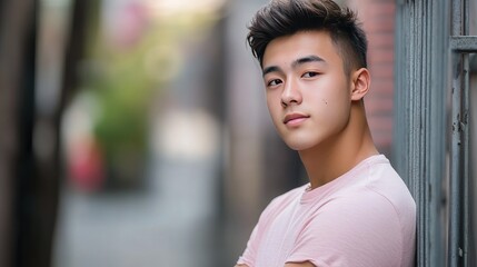 Asian Male High School Student with Short Hair, White and Light Purple Attire, Leaning on Fence, Profile View, Delicate Features, Gentle Gaze, Soft Tones, Blurred City Streets