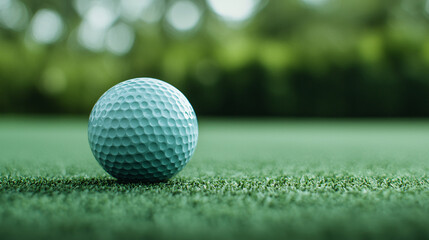 Naklejka premium Golf ball on green turf golf course sports natural light close-up perspective