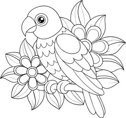 Adorable Parrot Coloring Page Floral Design, Bird Illustration