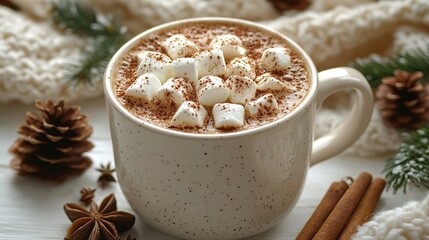A mug of hot chocolate with marshmallows sits with pine cones, fir branches, a blanket, anise, and cinnamon sticks on a white wooden background.