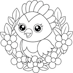 Adorable Cartoon Bird Nestled in Spring Flowers Coloring Page