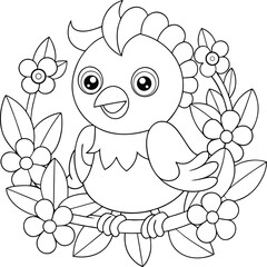 Adorable Cartoon Bird Coloring Page with Spring Flowers