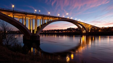 Majestic sunset view of a bridge illuminated at dusk over a calm river with city lights