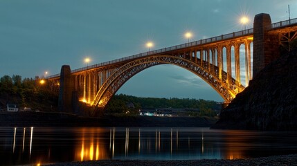 Obraz premium Illuminated bridge over river at dusk, town background, travel photography
