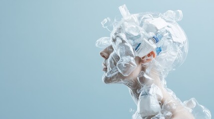 Woman with plastic bags on head conceptual surreal emotion sustainable environment