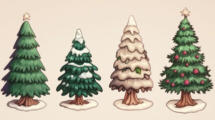 Obraz premium Four Cartoon Christmas Trees Decorated Snowy Icy Simple
