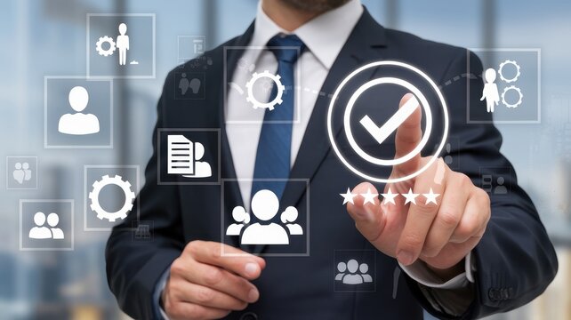 Businessman Approving Project, High Quality Assurance, Five Star Rating, Success Concept