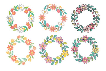 A Bundle of Cute Cercle Flower Wreath Vector Cartoon Illustration